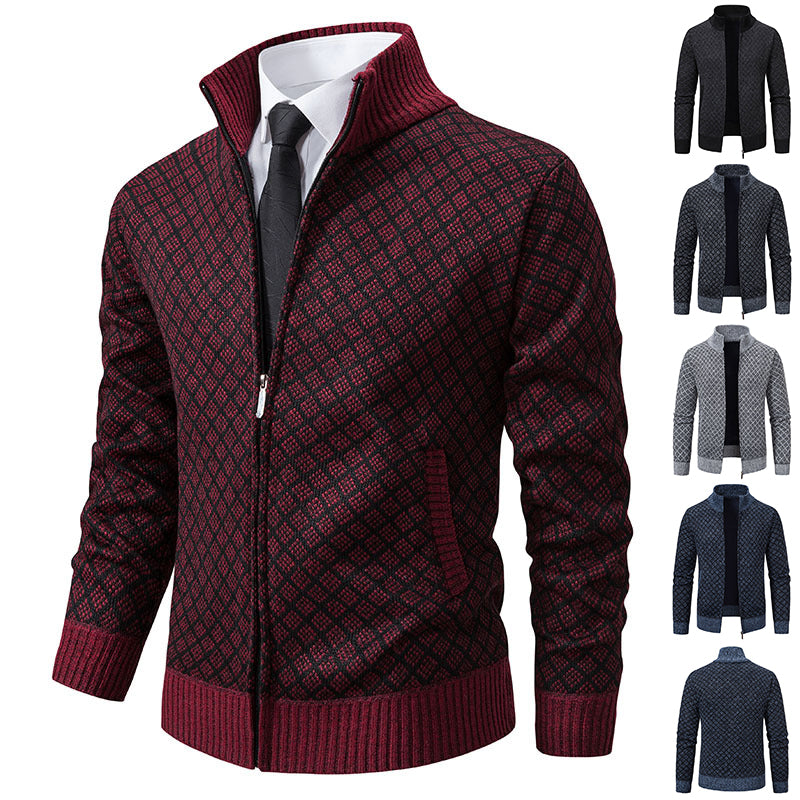 Thickened Plaid Print Jacket Cardigan Fashion Slim Fit Zipper Stand.