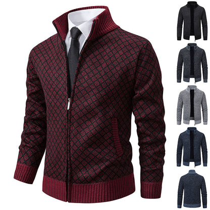 Thickened Plaid Print Jacket Cardigan Fashion Slim Fit Zipper Stand.