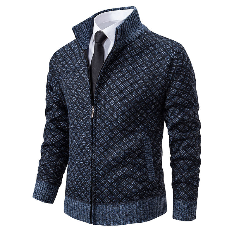 Thickened Plaid Print Jacket Cardigan Fashion Slim Fit Zipper Stand.