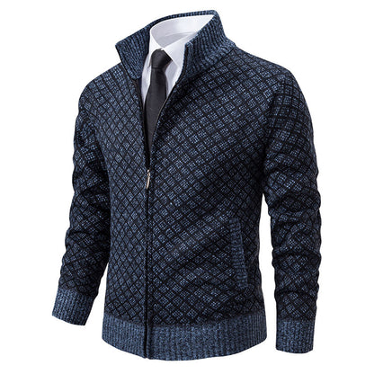 Thickened Plaid Print Jacket Cardigan Fashion Slim Fit Zipper Stand.