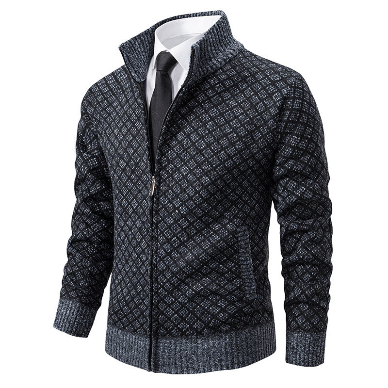 Thickened Plaid Print Jacket Cardigan Fashion Slim Fit Zipper Stand.