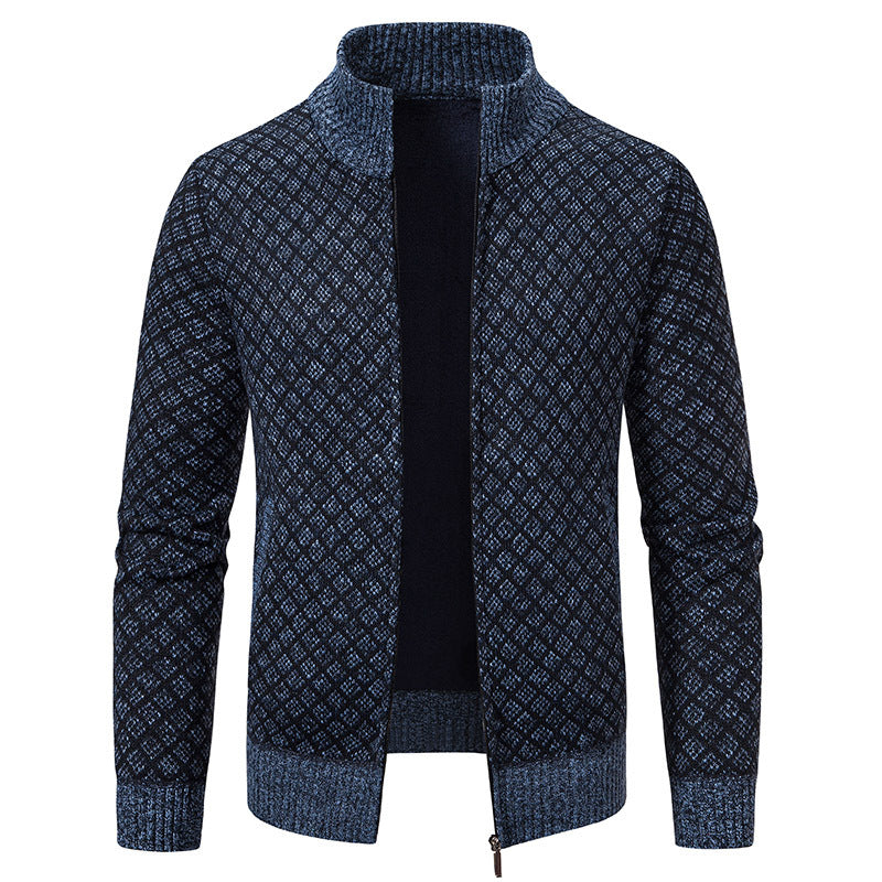 Thickened Plaid Print Jacket Cardigan Fashion Slim Fit Zipper Stand.