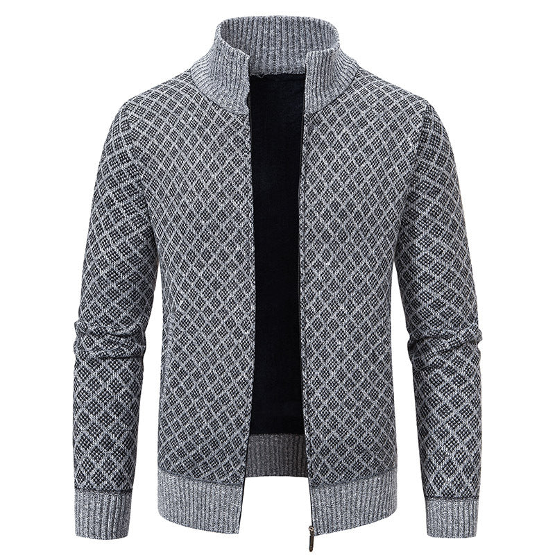 Thickened Plaid Print Jacket Cardigan Fashion Slim Fit Zipper Stand.
