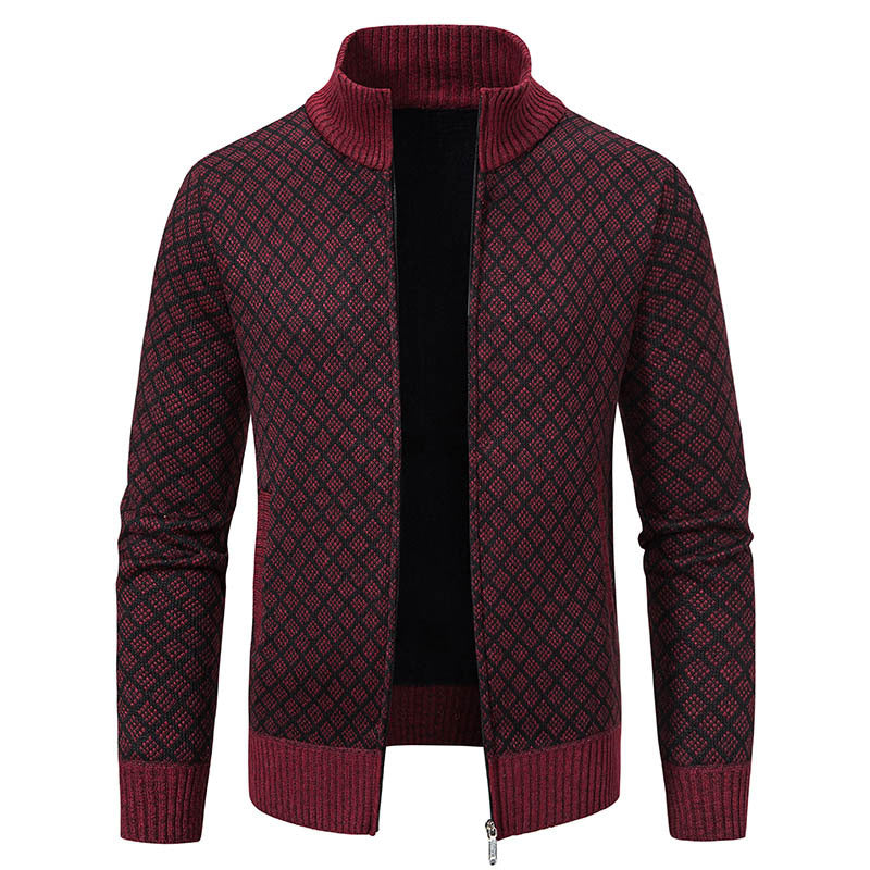 Thickened Plaid Print Jacket Cardigan Fashion Slim Fit Zipper Stand.